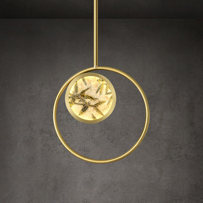 Traditional Chinese Glass & Brass Round Leaf Pattern LED Pendant Light For Bedroom & Living Room