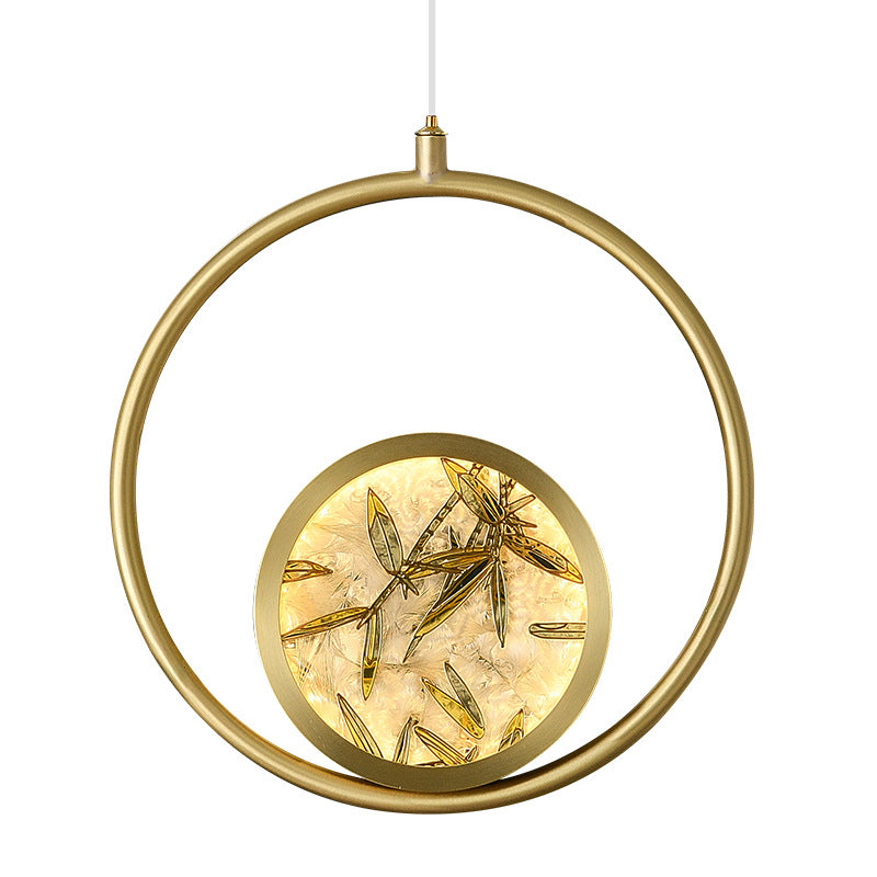 Traditional Chinese Glass &amp; Brass Round Leaf Pattern LED Pendant Light For Bedroom &amp; Living Room