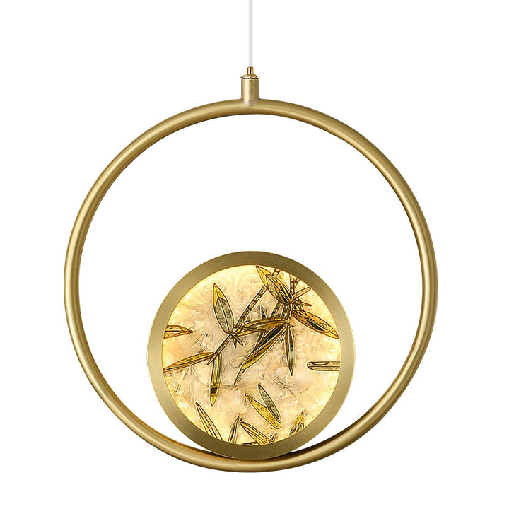 Traditional Chinese Glass &amp; Brass Round Leaf Pattern LED Pendant Light For Bedroom &amp; Living Room