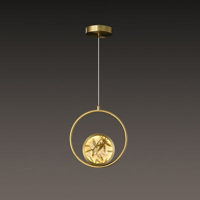 Traditional Chinese Glass & Brass Round Leaf Pattern LED Pendant Light For Bedroom & Living Room