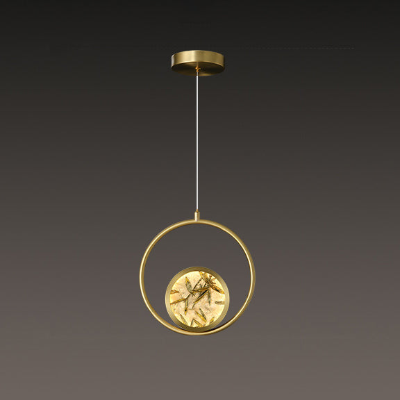 Traditional Chinese Glass & Brass Round Leaf Pattern LED Pendant Light For Bedroom & Living Room