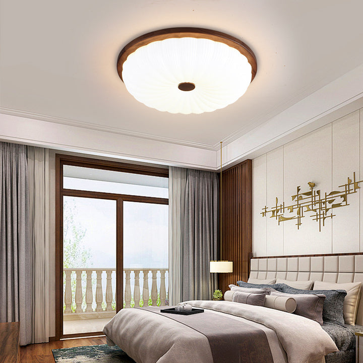 Traditionelle Vintage Acryl Walnuss Gestreifte Runde LED Deckenleuchte für Schlafzimmer &amp; Wohnzimmer 