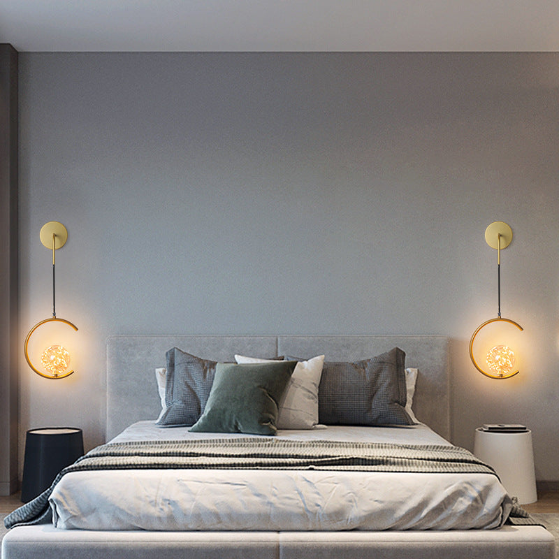 Contemporary Scandinavian Glass Iron Round Square Curved LED Wall Sconce Lamp For Bedroom &amp; Living Room