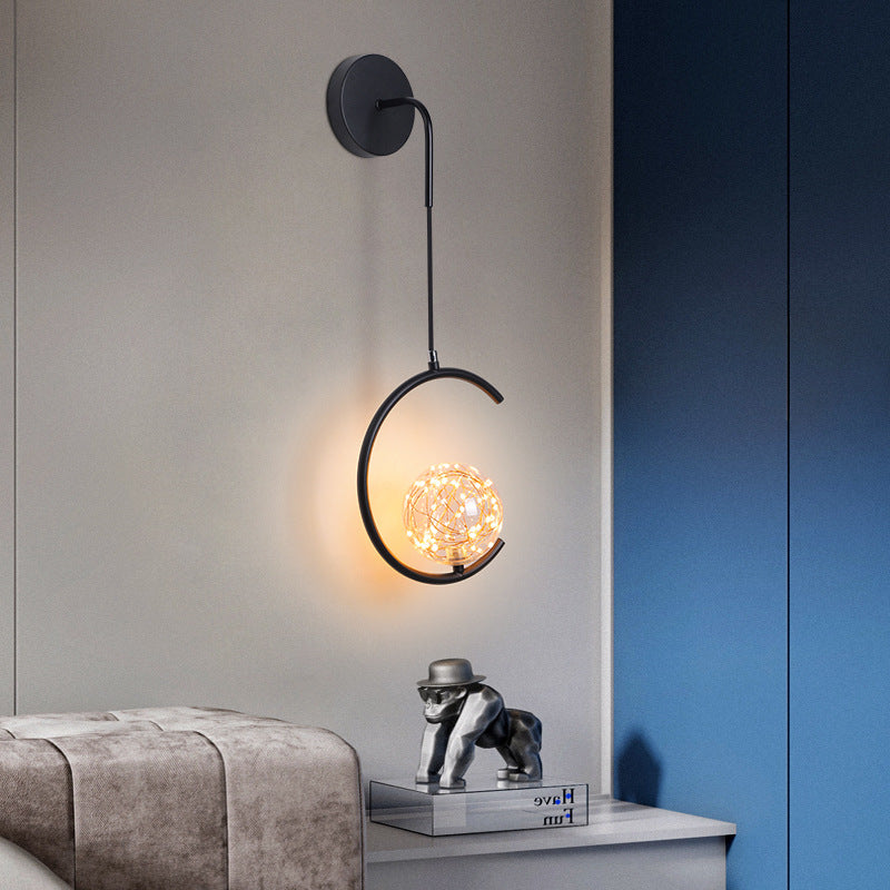 Contemporary Scandinavian Glass Iron Round Square Curved LED Wall Sconce Lamp For Bedroom & Living Room