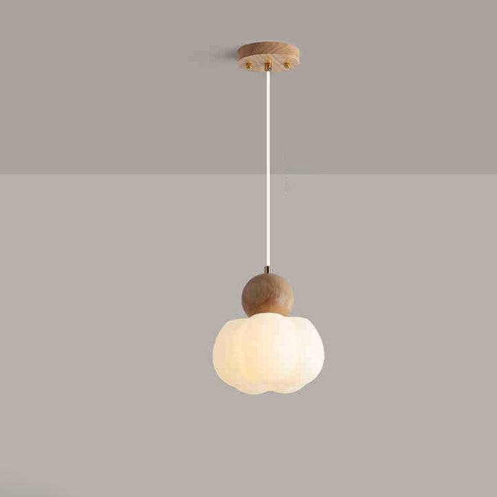 Traditional Japanese PE Metal Rubber Wood Round Pumpkin 1-Light Pendant Light For Bedroom &amp; Living Room