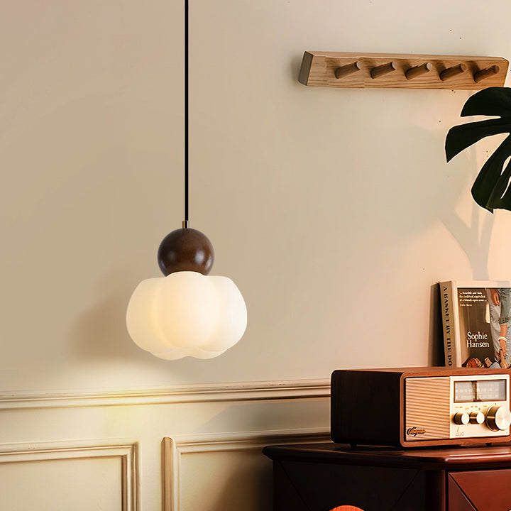 Traditional Japanese PE Metal Rubber Wood Round Pumpkin 1-Light Pendant Light For Bedroom & Living Room