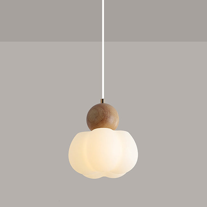 Traditional Japanese PE Metal Rubber Wood Round Pumpkin 1-Light Pendant Light For Bedroom &amp; Living Room