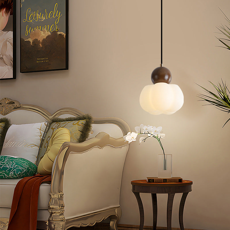 Traditional Japanese PE Metal Rubber Wood Round Pumpkin 1-Light Pendant Light For Bedroom &amp; Living Room