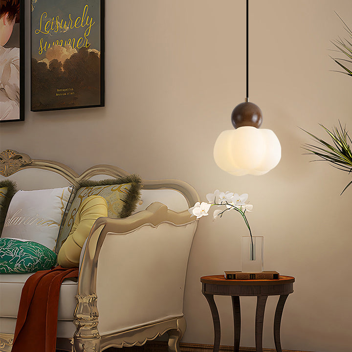 Traditional Japanese PE Metal Rubber Wood Round Pumpkin 1-Light Pendant Light For Bedroom & Living Room