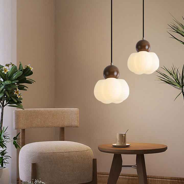 Traditional Japanese PE Metal Rubber Wood Round Pumpkin 1-Light Pendant Light For Bedroom & Living Room