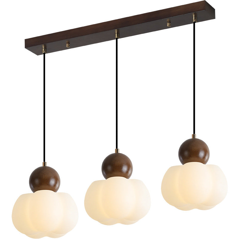 Traditionelle japanische PE-Metall-Gummi-Holz-Rechteckige Kürbis-3-Licht-Kronleuchter-Insel-Lampe für Wohnzimmer &amp; Esszimmer 