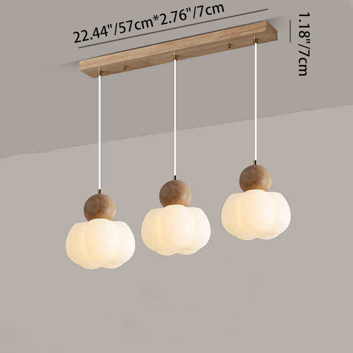 Traditional Japanese PE Metal Rubber Wood Rectangular Pumpkin 3-Light Chandelier Island Light For Living Room & Dining Room