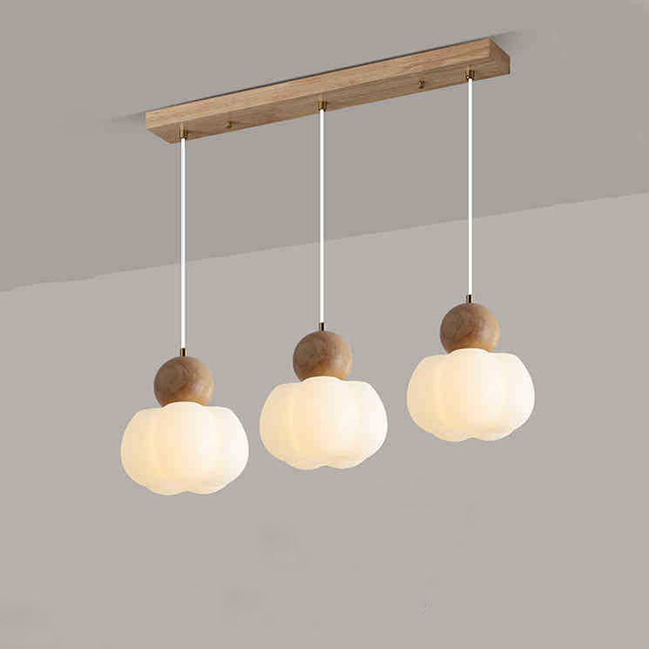 Traditionelle japanische PE-Metall-Gummi-Holz-Rechteckige Kürbis-3-Licht-Kronleuchter-Insel-Lampe für Wohnzimmer &amp; Esszimmer 