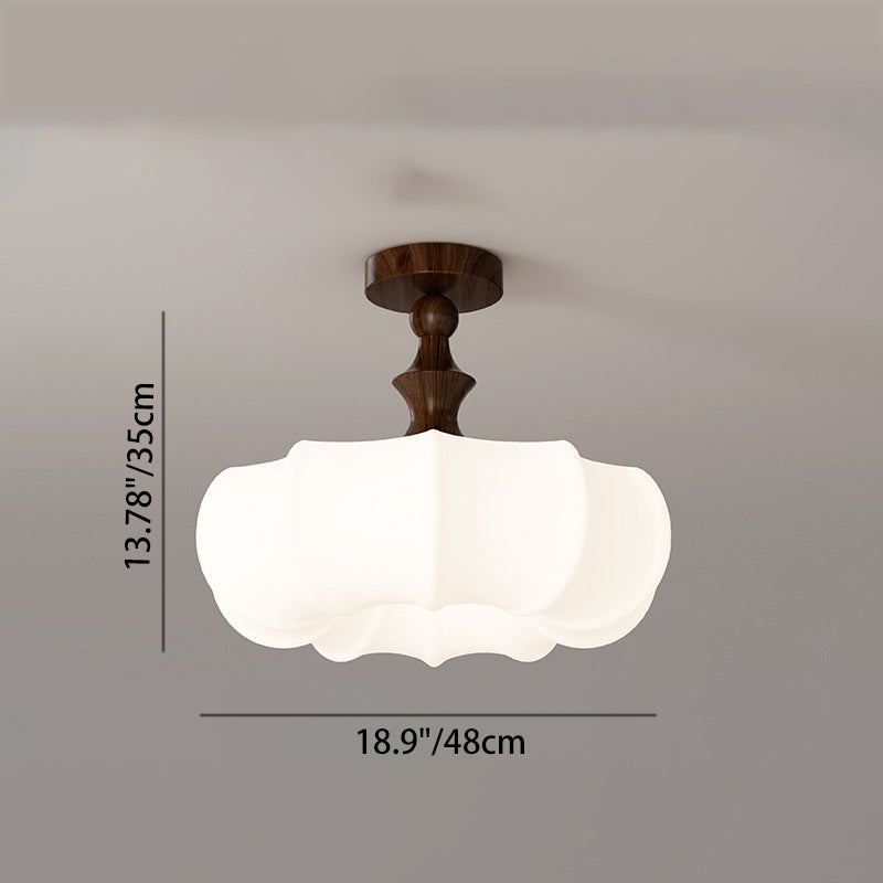 Traditional Chinese Acrylic Wood Pumpkin Round LED Semi-Flush Mount Ceiling Light For Bedroom &amp; Living Room