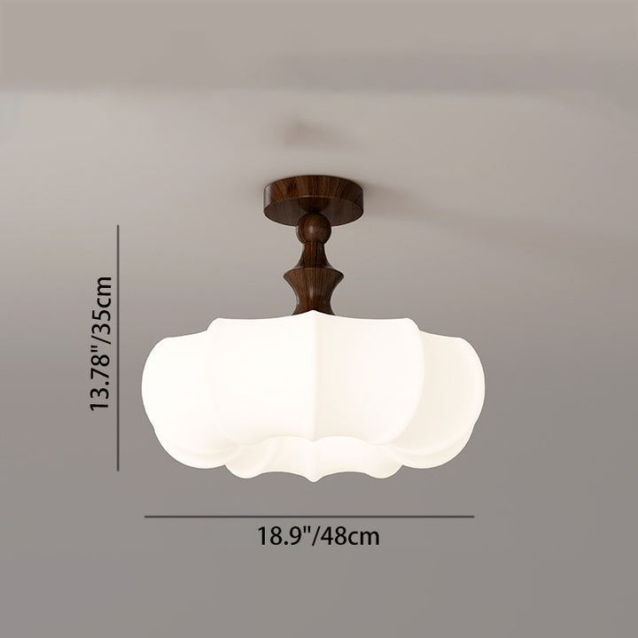 Traditional Chinese Acrylic Wood Pumpkin Round LED Semi-Flush Mount Ceiling Light For Bedroom &amp; Living Room