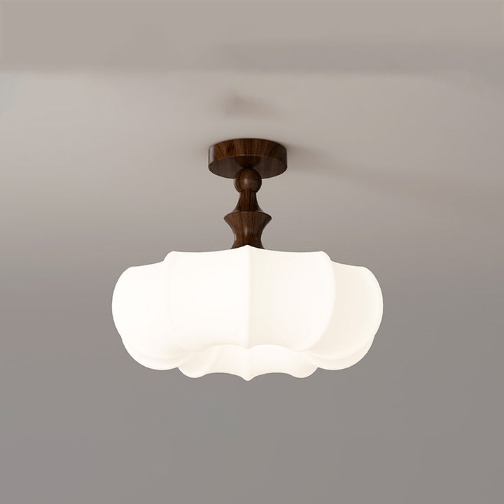 Traditional Chinese Acrylic Wood Pumpkin Round LED Semi-Flush Mount Ceiling Light For Bedroom &amp; Living Room