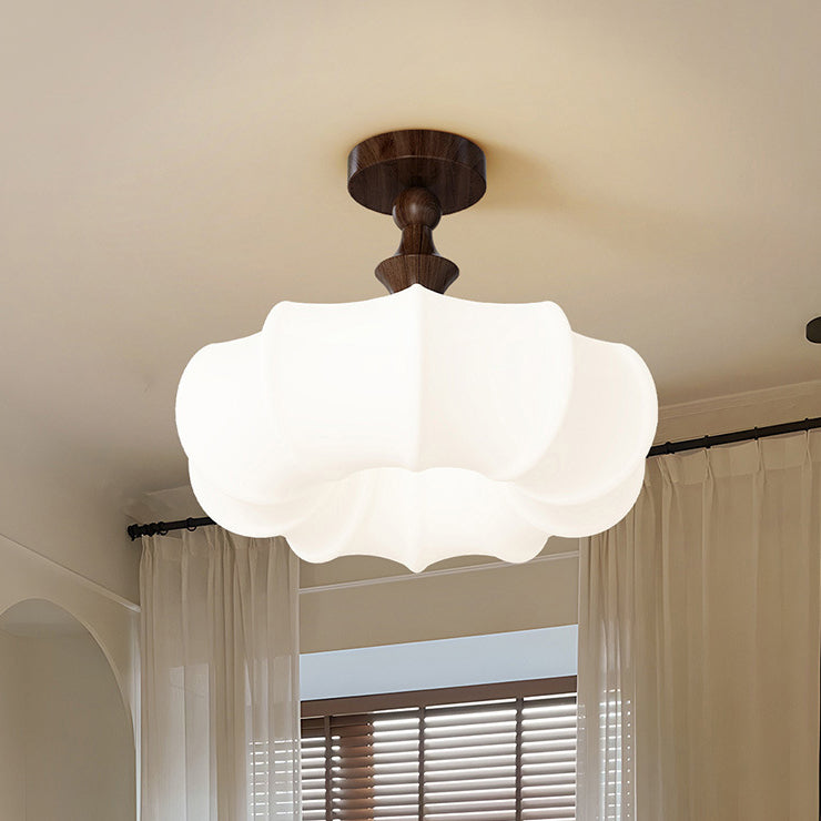 Traditional Chinese Acrylic Wood Pumpkin Round LED Semi-Flush Mount Ceiling Light For Bedroom &amp; Living Room
