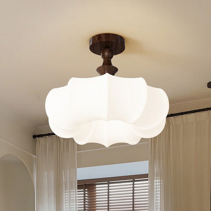 Traditional Chinese Acrylic Wood Pumpkin Round LED Semi-Flush Mount Ceiling Light For Bedroom &amp; Living Room