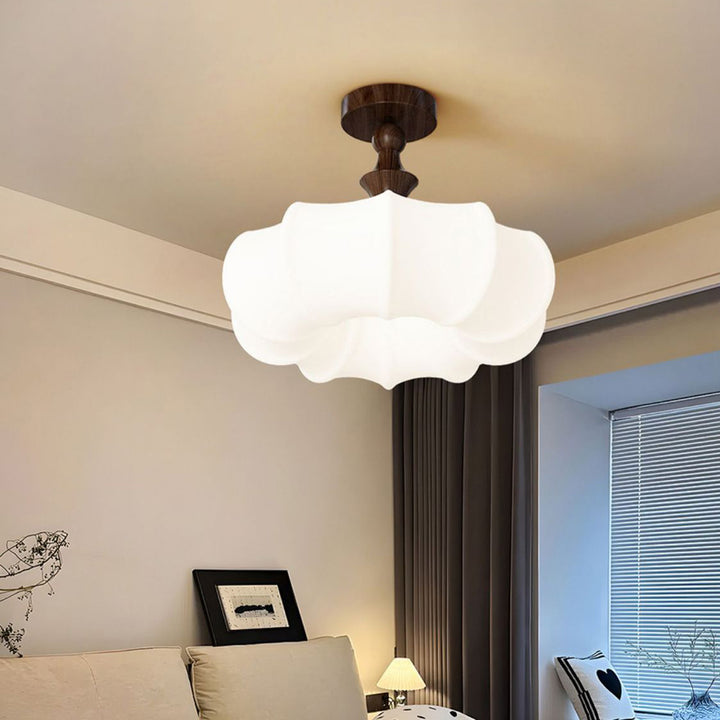 Traditional Chinese Acrylic Wood Pumpkin Round LED Semi-Flush Mount Ceiling Light For Bedroom &amp; Living Room