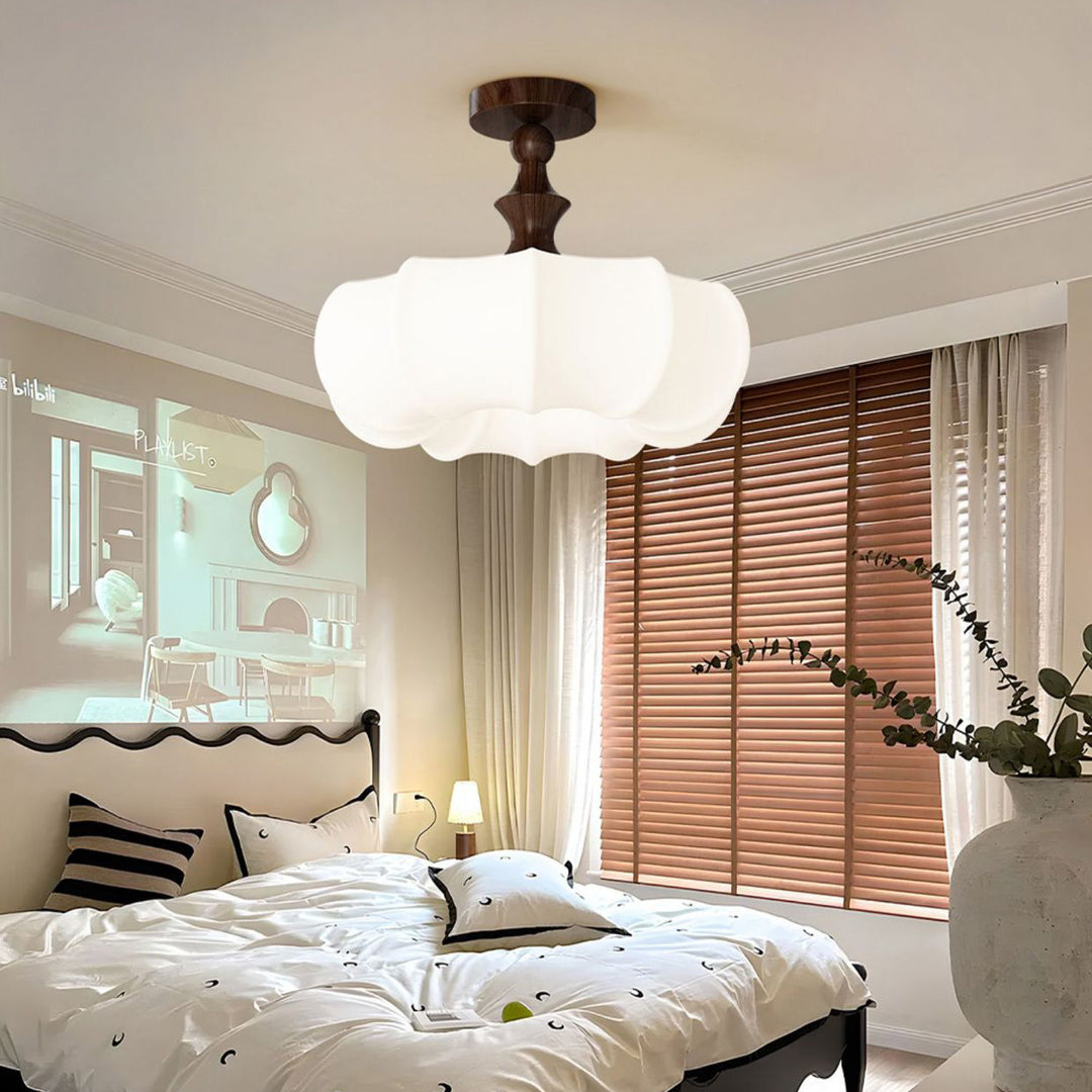 Traditional Chinese Acrylic Wood Pumpkin Round LED Semi-Flush Mount Ceiling Light For Bedroom &amp; Living Room