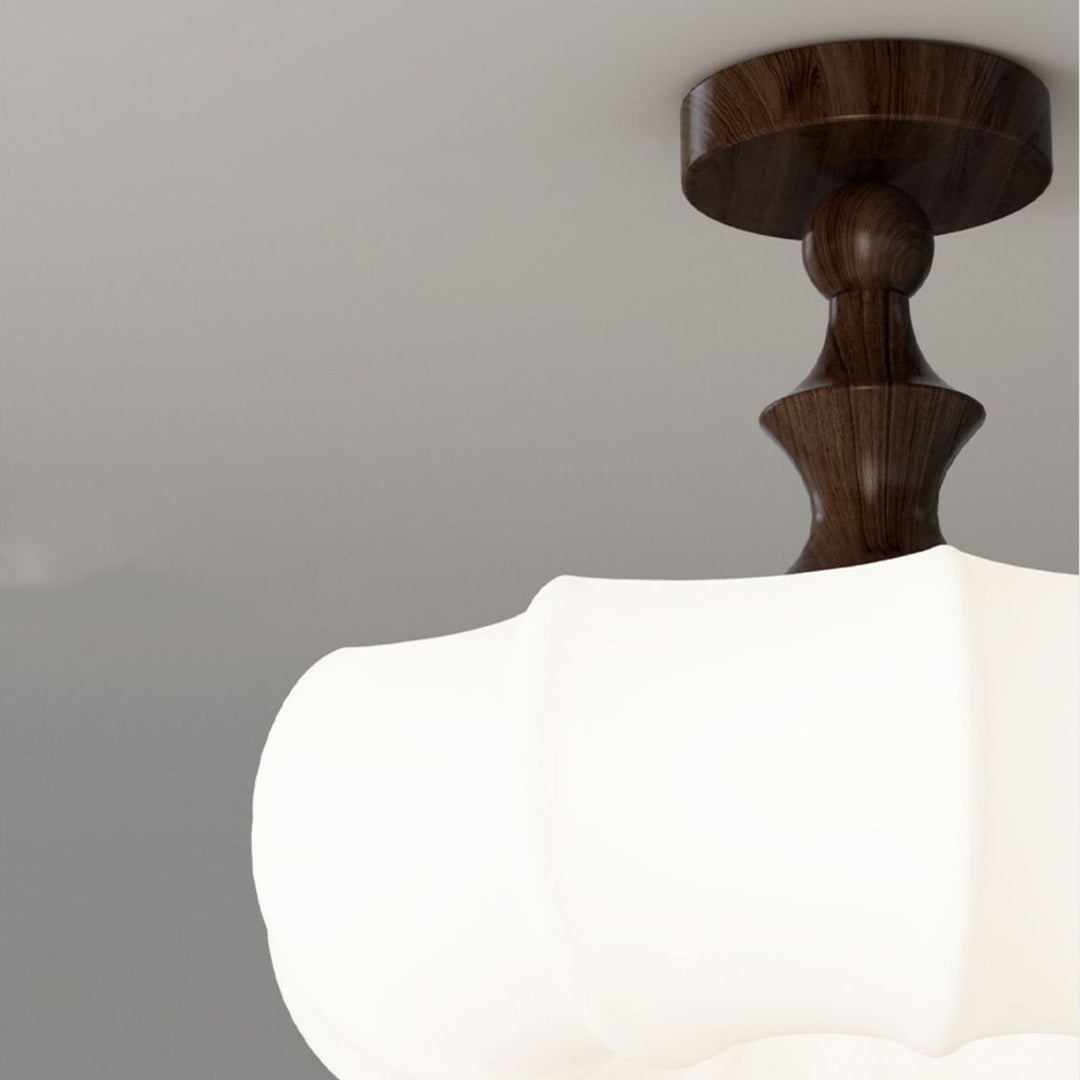 Traditional Chinese Acrylic Wood Pumpkin Round LED Semi-Flush Mount Ceiling Light For Bedroom &amp; Living Room