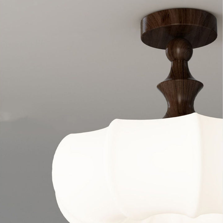 Traditional Chinese Acrylic Wood Pumpkin Round LED Semi-Flush Mount Ceiling Light For Bedroom &amp; Living Room