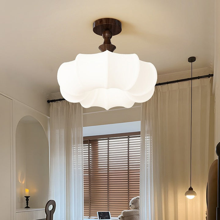 Traditional Chinese Acrylic Wood Pumpkin Round LED Semi-Flush Mount Ceiling Light For Bedroom &amp; Living Room