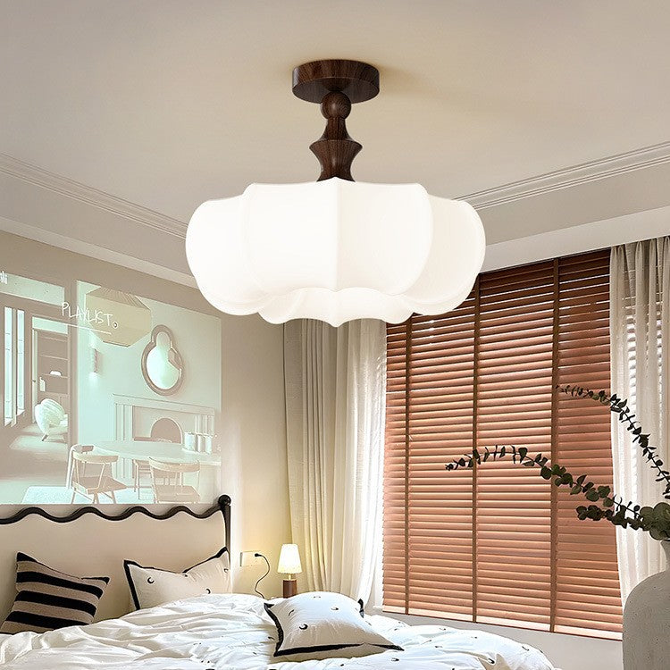 Traditional Chinese Acrylic Wood Pumpkin Round LED Semi-Flush Mount Ceiling Light For Bedroom &amp; Living Room