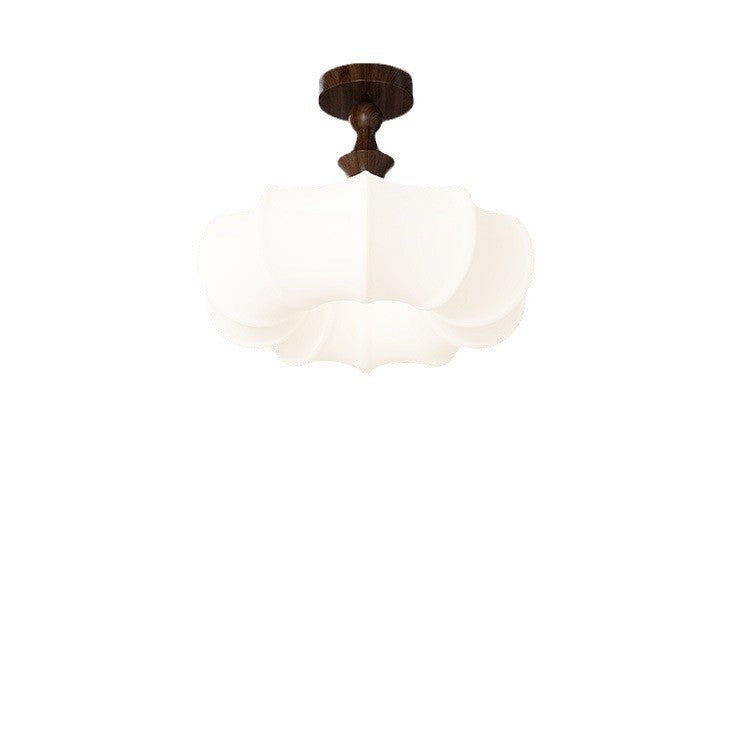 Traditional Chinese Acrylic Wood Pumpkin Round LED Semi-Flush Mount Ceiling Light For Bedroom &amp; Living Room