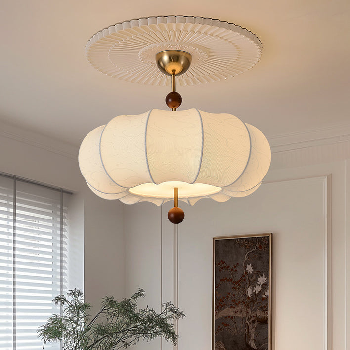 Traditional Chinese Solid Wood Fabric Iron Pumpkin Round 4/5-Light Semi-Flush Mount Ceiling Light For Bedroom &amp; Living Room