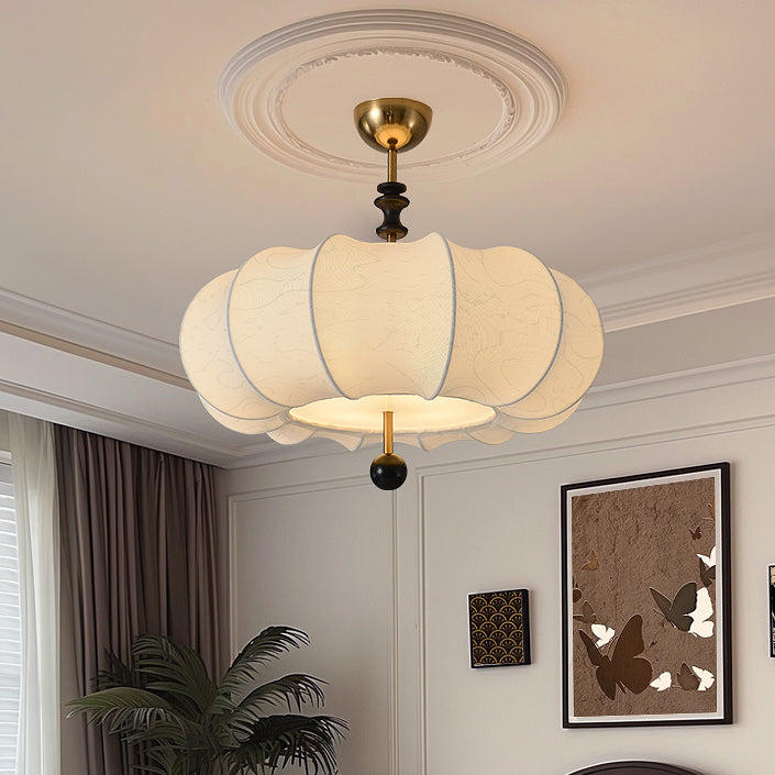 Traditional Chinese Solid Wood Fabric Iron Pumpkin Round 4/5-Light Semi-Flush Mount Ceiling Light For Bedroom &amp; Living Room