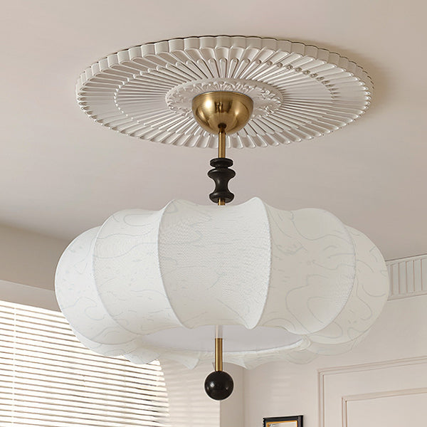 Traditional Chinese Solid Wood Fabric Iron Pumpkin Round 4/5-Light Semi-Flush Mount Ceiling Light For Bedroom &amp; Living Room