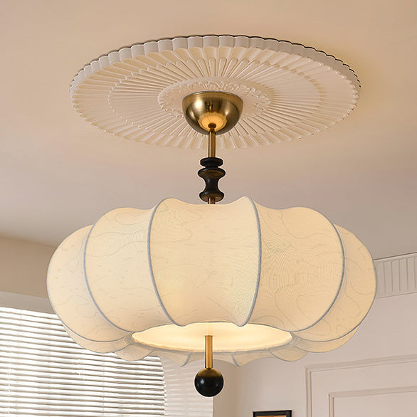 Traditional Chinese Solid Wood Fabric Iron Pumpkin Round 4/5-Light Semi-Flush Mount Ceiling Light For Bedroom &amp; Living Room