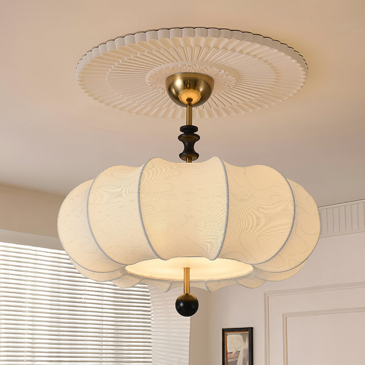 Traditional Chinese Solid Wood Fabric Iron Pumpkin Round 4/5-Light Semi-Flush Mount Ceiling Light For Bedroom &amp; Living Room
