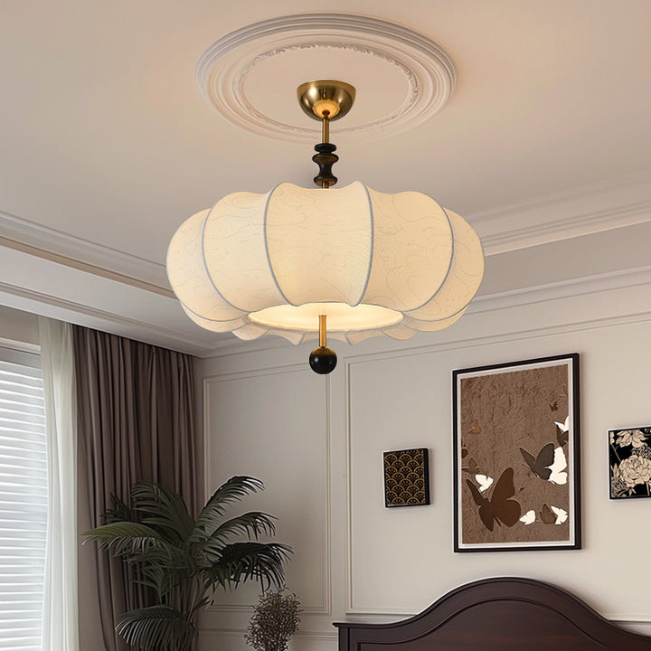 Traditional Chinese Solid Wood Fabric Iron Pumpkin Round 4/5-Light Semi-Flush Mount Ceiling Light For Bedroom &amp; Living Room