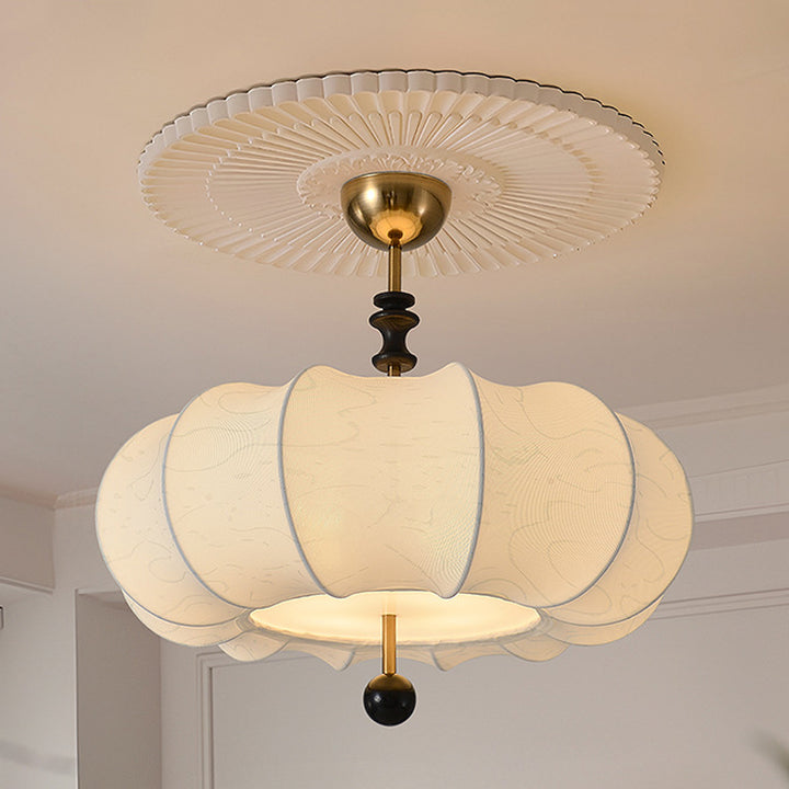 Traditional Chinese Solid Wood Fabric Iron Pumpkin Round 4/5-Light Semi-Flush Mount Ceiling Light For Bedroom &amp; Living Room
