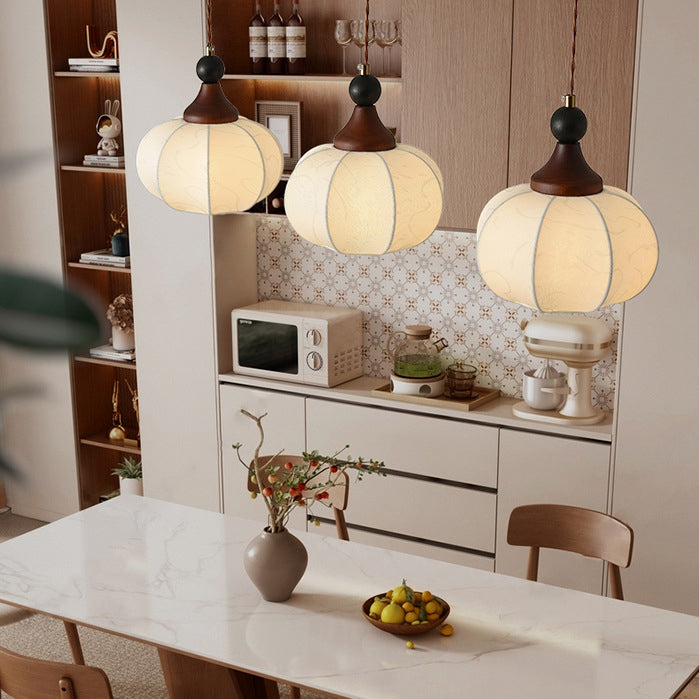 Traditioneller Kronleuchter aus chinesischer Eiche, Stoff und Eisen im Laternen- und Kürbis-Design, rund, mit 1/3/4/5 Flammen, für Schlafzimmer & Wohnzimmer 
