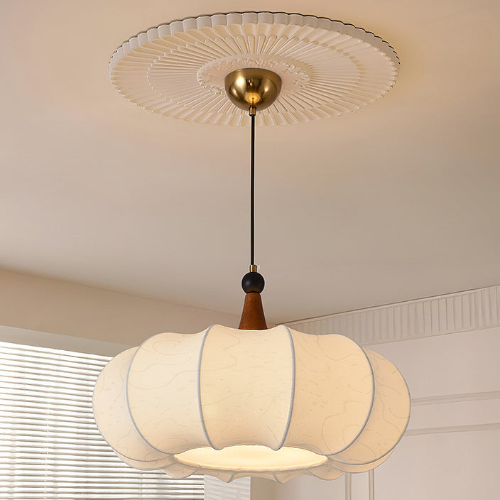 Traditional Chinese Oak Wood Fabric Iron Lantern Pumpkin Round 1/3/4/5-Light Chandelier For Bedroom &amp; Living Room