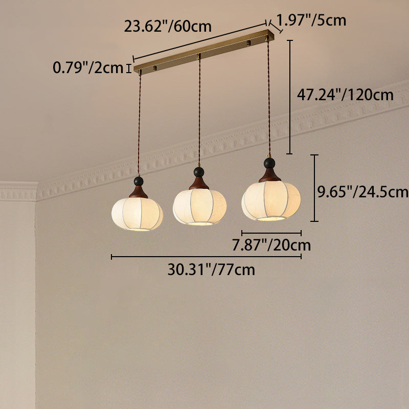 Traditional Chinese Oak Wood Fabric Iron Lantern Pumpkin Round 1/3/4/5-Light Chandelier For Bedroom &amp; Living Room