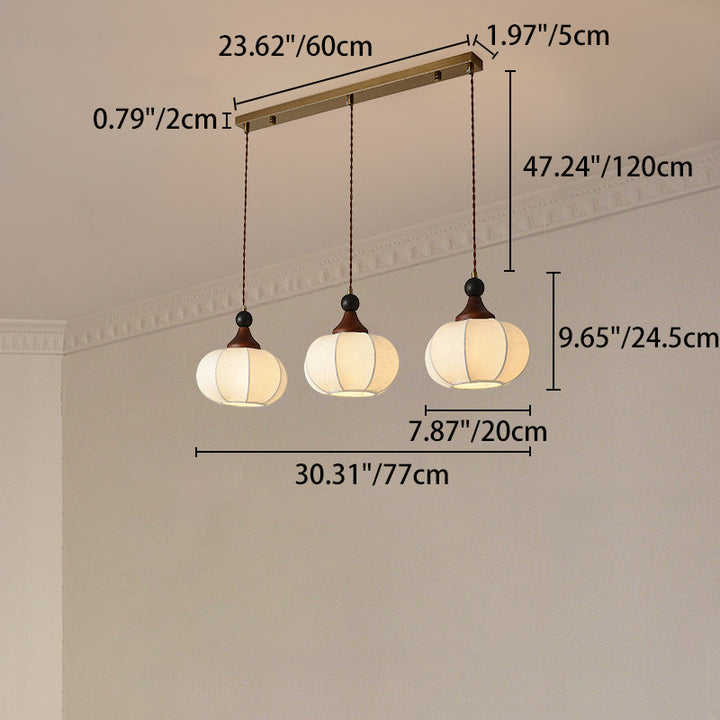 Traditional Chinese Oak Wood Fabric Iron Lantern Pumpkin Round 1/3/4/5-Light Chandelier For Bedroom &amp; Living Room