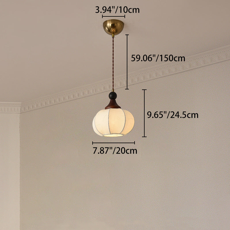 Traditional Chinese Oak Wood Fabric Iron Lantern Pumpkin Round 1/3/4/5-Light Chandelier For Bedroom &amp; Living Room