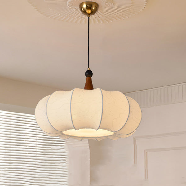 Traditional Chinese Oak Wood Fabric Iron Lantern Pumpkin Round 1/3/4/5-Light Chandelier For Bedroom &amp; Living Room