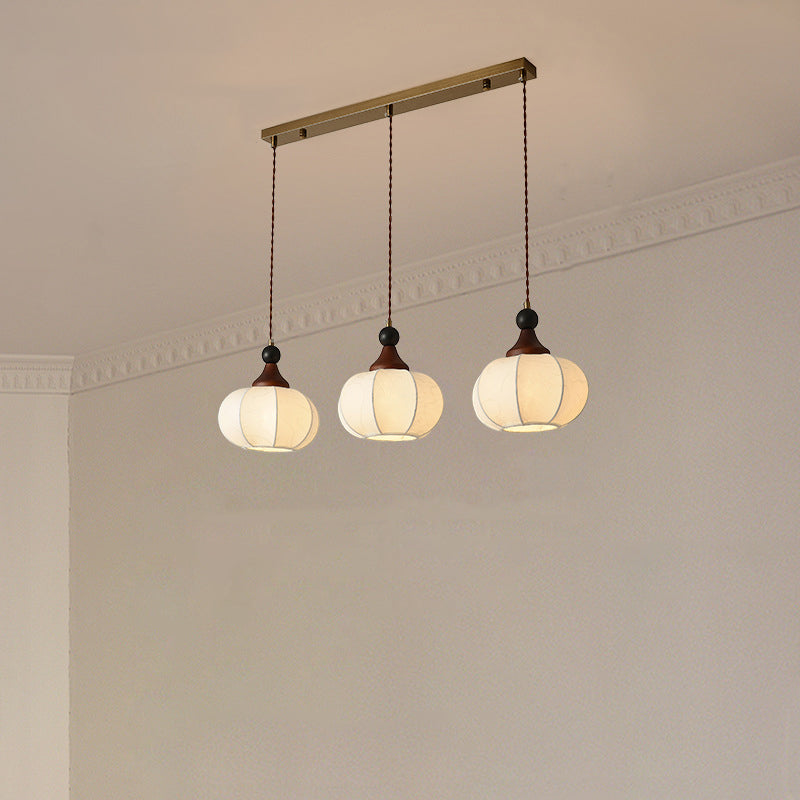 Traditional Chinese Oak Wood Fabric Iron Lantern Pumpkin Round 1/3/4/5-Light Chandelier For Bedroom &amp; Living Room