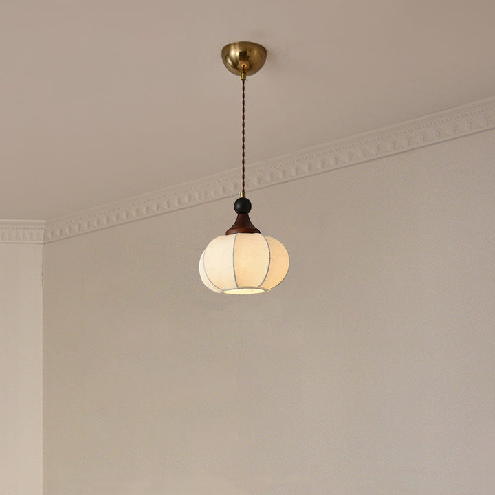 Traditional Chinese Oak Wood Fabric Iron Lantern Pumpkin Round 1/3/4/5-Light Chandelier For Bedroom &amp; Living Room