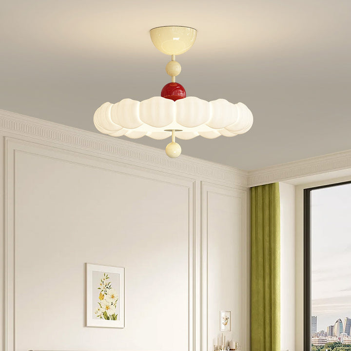 Contemporary Scandinavian PE Iron Creamy Rippled Pumpkin Round LED Semi-Flush Mount Ceiling Light For Bedroom &amp; Living Room
