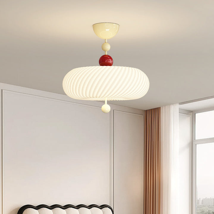 Contemporary Scandinavian PE Iron Creamy Rippled Pumpkin Round LED Semi-Flush Mount Ceiling Light For Bedroom &amp; Living Room