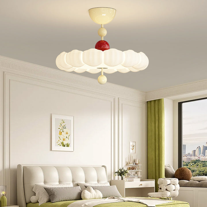 Contemporary Scandinavian PE Iron Creamy Rippled Pumpkin Round LED Semi-Flush Mount Ceiling Light For Bedroom &amp; Living Room
