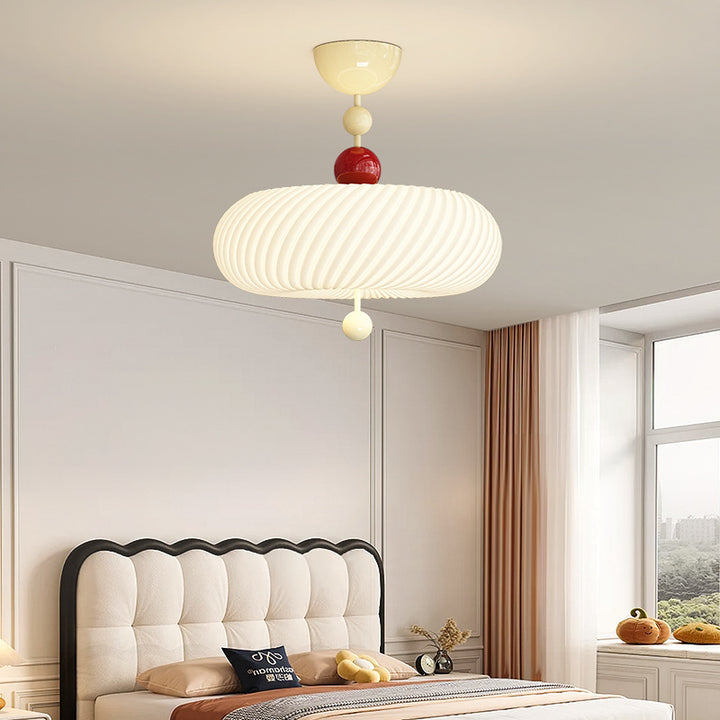 Contemporary Scandinavian PE Iron Creamy Rippled Pumpkin Round LED Semi-Flush Mount Ceiling Light For Bedroom &amp; Living Room