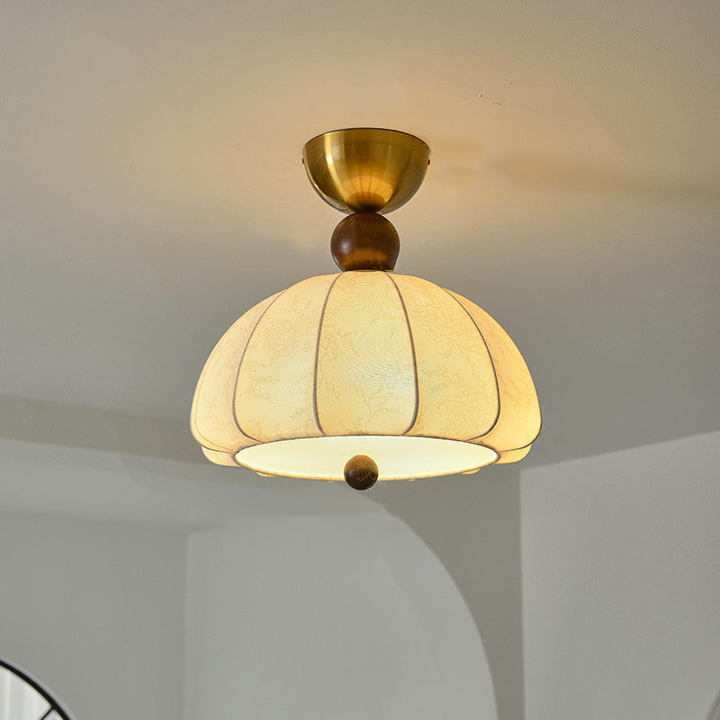 Traditional Vintage Metal Wood Fabric Patterned Semi-Circle 1-Light Semi-Flush Mount Ceiling Light For Bedroom &amp; Living Room