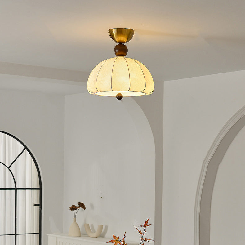 Traditional Vintage Metal Wood Fabric Patterned Semi-Circle 1-Light Semi-Flush Mount Ceiling Light For Bedroom &amp; Living Room